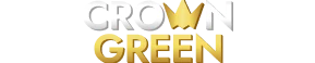 CrownGreen text logo in white and gold with crown icons on a transparent background